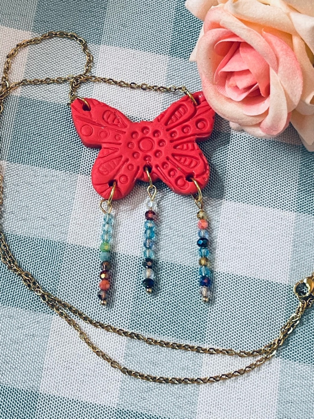 Bohemian style Red Butterfly Pendant Necklace with Multicolor Beaded Tassels